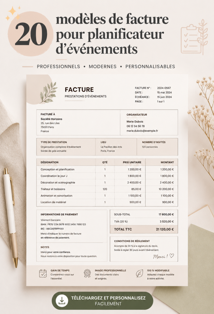 Modèle de facture pour un planificateur d'événements, design élégant et professionnel.