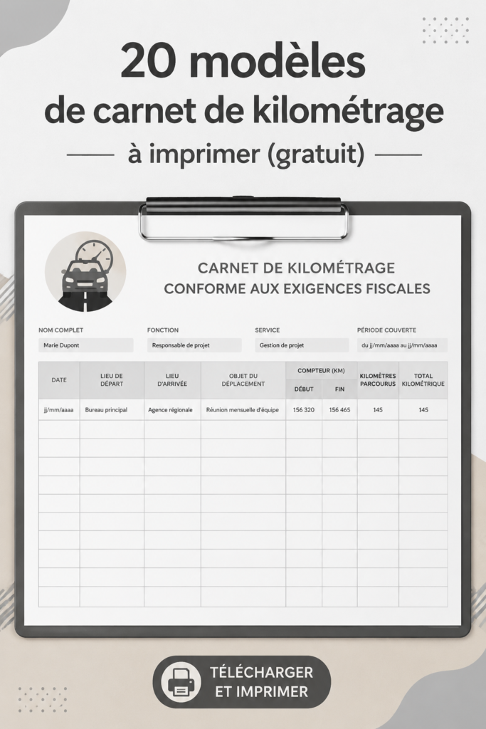 Modèle féminin de log de kilométrage imprimable pour déplacements professionnels.