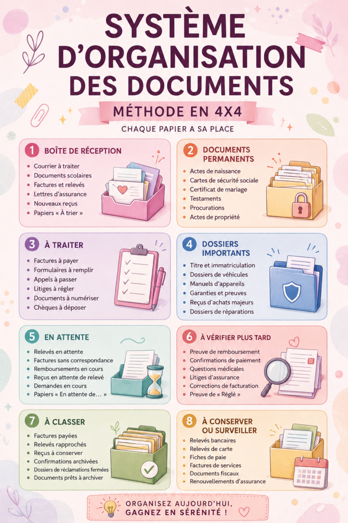Femme organisant des documents avec la méthode 4x4 sur son bureau.