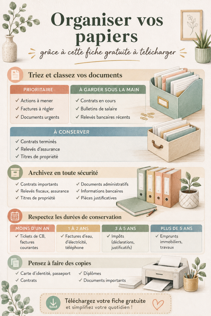 Fiche gratuite pour organiser vos papiers, sur un bureau bien rangé