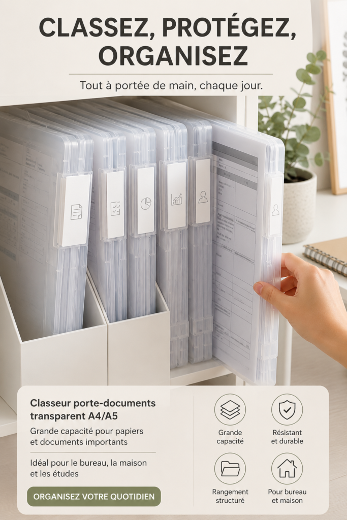 Dossier A4 transparent sur un bureau avec des documents bien rangés.