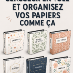 Femme organisant des documents sur son bureau, avec un système de rangement pratique.