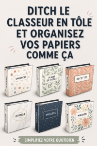 Femme organisant des documents sur son bureau, avec un système de rangement pratique.