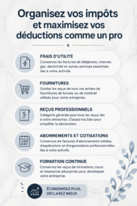 Femme souriante organisant ses documents fiscaux, symbolisant une gestion efficace des impôts.