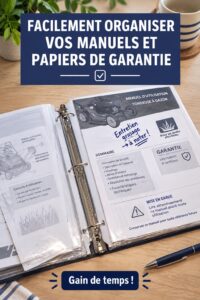 Un bureau bien rangé avec des manuels et garanties organisés