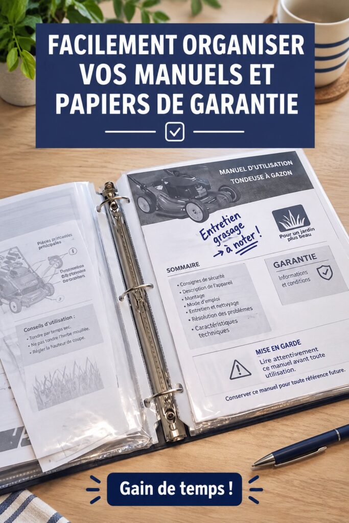 Un bureau bien rangé avec des manuels et garanties organisés