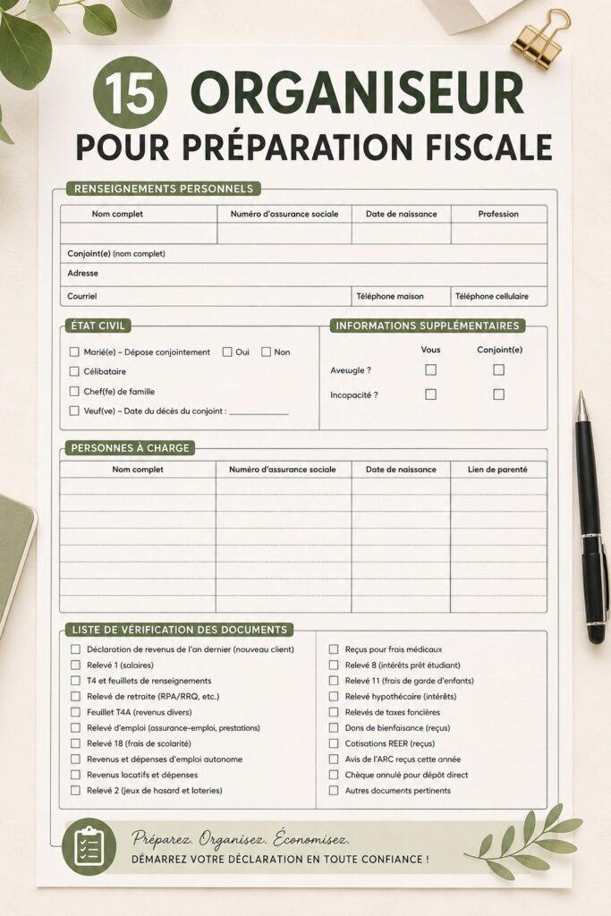 Femme souriante utilisant un organisateur fiscal avec des documents éparpillés.