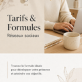 Une femme d'affaires souriante examinant des forfaits pour son entreprise sur les réseaux sociaux.
