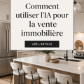 Illustration d'une femme utilisant un ordinateur pour des recherches immobilières avec une assistance IA.