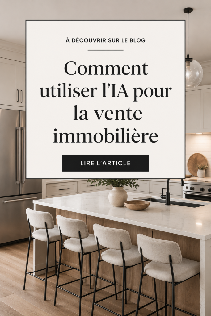 Illustration d'une femme utilisant un ordinateur pour des recherches immobilières avec une assistance IA.