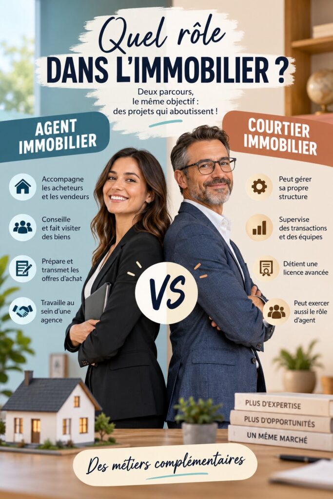 Agent immobilier discutant avec une cliente dans un bureau.