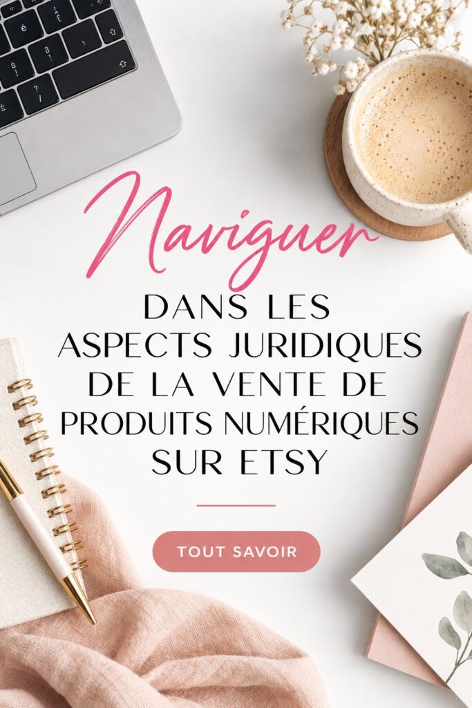 Image représentant une femme créatrice vendant des produits numériques sur Etsy, avec un ordinateur et des créations en arrière-plan.