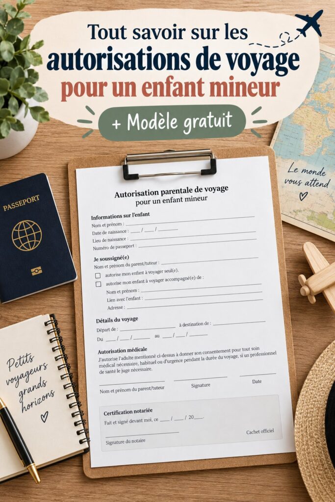 Une mère prépare les documents nécessaires pour le voyage de son enfant, avec une autorisation de voyage visible.