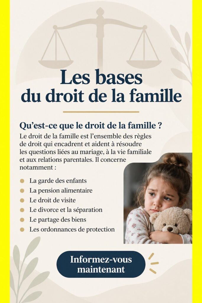 Image illustrant le droit de la famille avec des éléments symboliques tels que des documents légaux et une famille réunie.