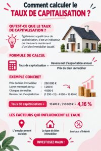 Femme regardant une maison avec des calculs de taux de capitalisation en arrière-plan.