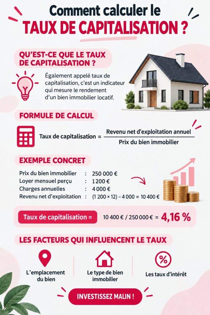 Femme regardant une maison avec des calculs de taux de capitalisation en arrière-plan.