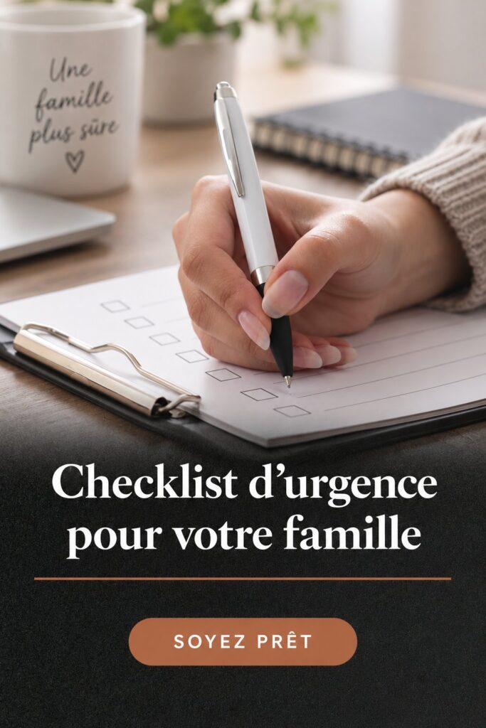Image d'une famille en discussion autour d'une checklist d'urgence, illustrant la préparation familiale.