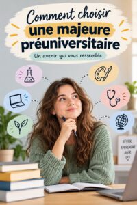 Femme réfléchissant à son choix de major en droit, entourée de livres sur le droit