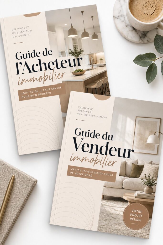 Couverture d'un guide pratique sur l'achat et la vente immobilière, avec des illustrations de maisons et de familles.