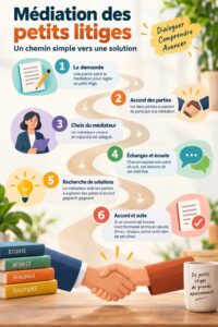Femme discutant avec un médiateur dans un cadre calme concernant des petites créances.