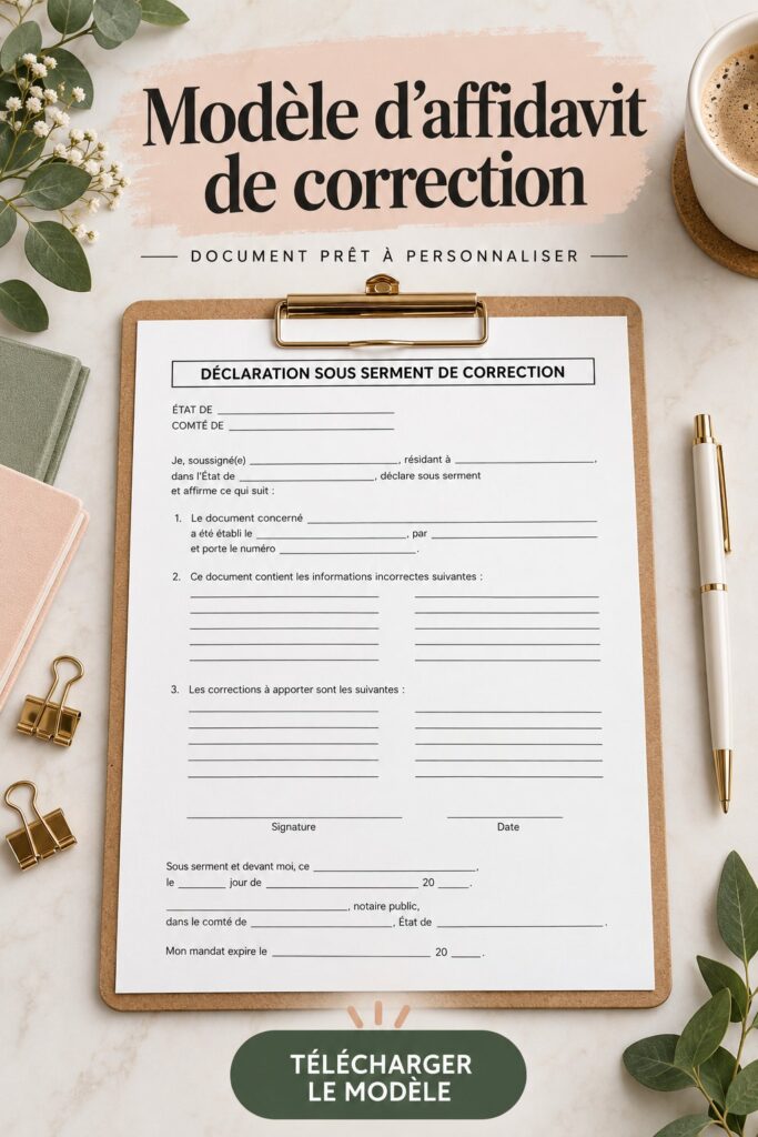 Modèle d'affidavit de correction pour les entreprises, avec un design simple et épuré.
