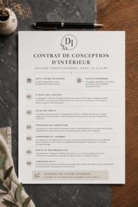 Modèle de contrat de design d'intérieur avec un aperçu des sections clés.