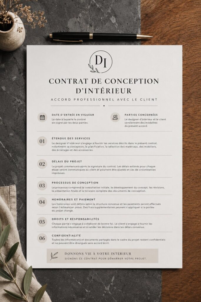 Modèle de contrat de design d'intérieur avec un aperçu des sections clés.