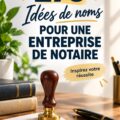 Femme réfléchissant à des idées de noms pour une étude notariale, entourée de documents juridiques.