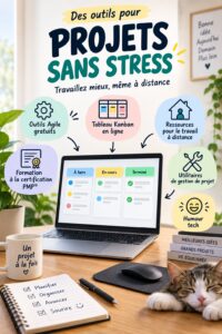 Femme travaillant depuis chez elle avec un ordinateur, utilisant des outils de gestion de projets.