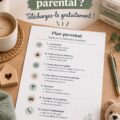 Un document de plan parental sur un bureau avec des stylos et un ordinateur portable, représentant une démarche d'organisation familiale.