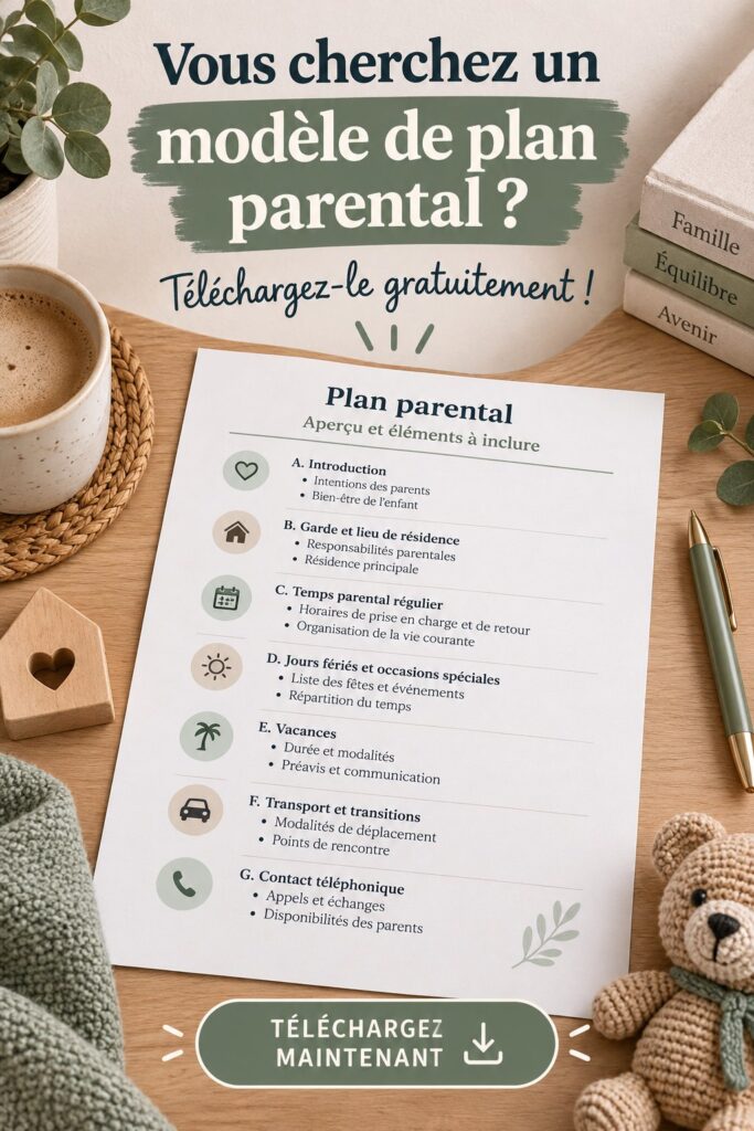 Un document de plan parental sur un bureau avec des stylos et un ordinateur portable, représentant une démarche d'organisation familiale.