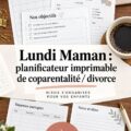 Un planner de coparentalité sur une table avec des stylos et du café, symbolisant l'organisation familiale après un divorce.