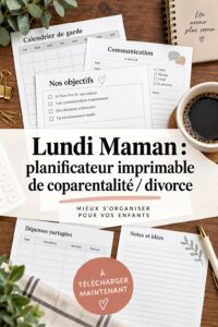 Un planner de coparentalité sur une table avec des stylos et du café, symbolisant l'organisation familiale après un divorce.