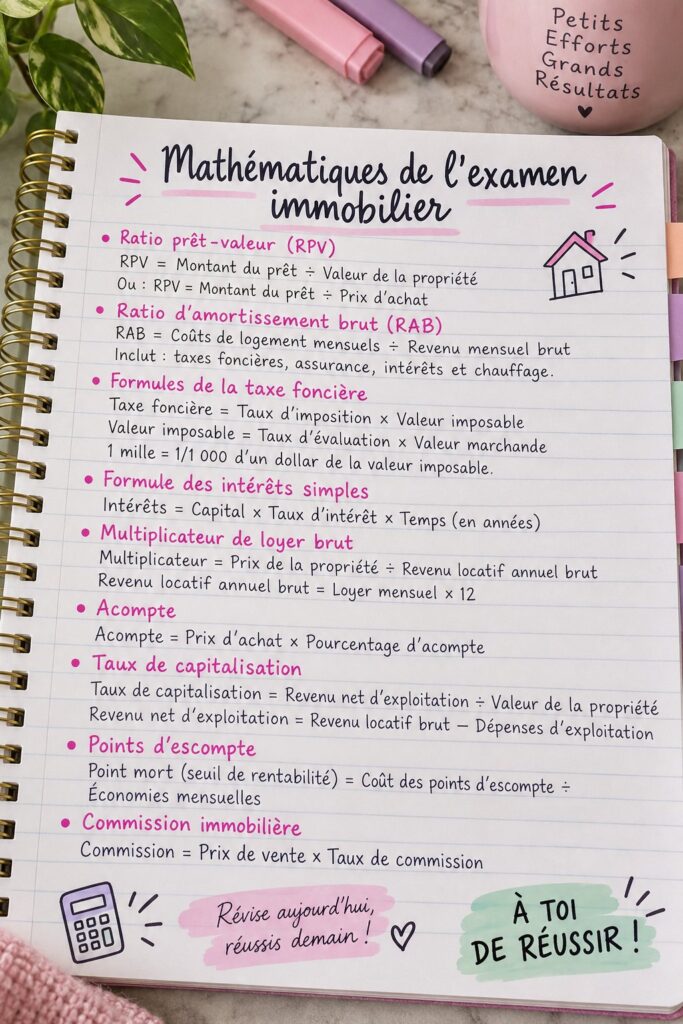 Femme préparant son examen immobilier avec des notes de mathématiques.