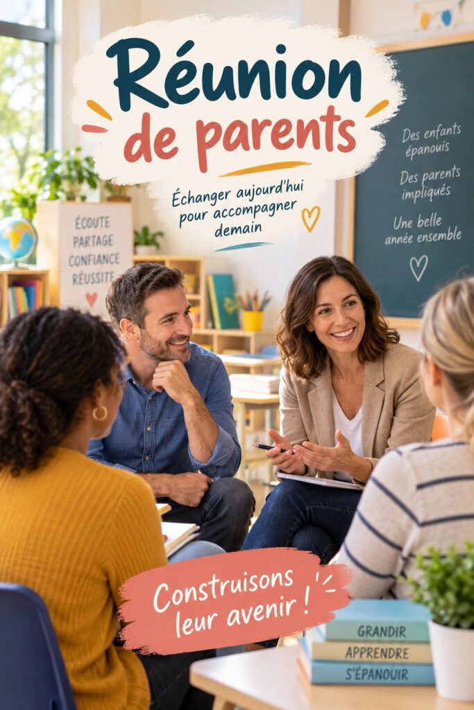 Réunion de parents autour d'une table avec des documents et un ordinateur portable.