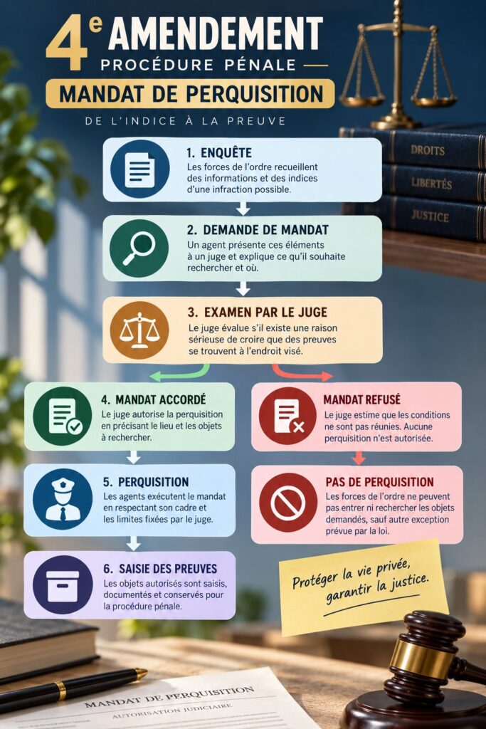 Infographie illustrant la procédure pénale et les droits des individus.