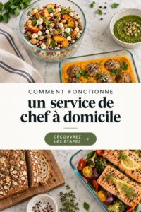 Image d'une table dressée avec des plats cuisinés par un chef à domicile, montrant une expérience gastronomique chaleureuse.