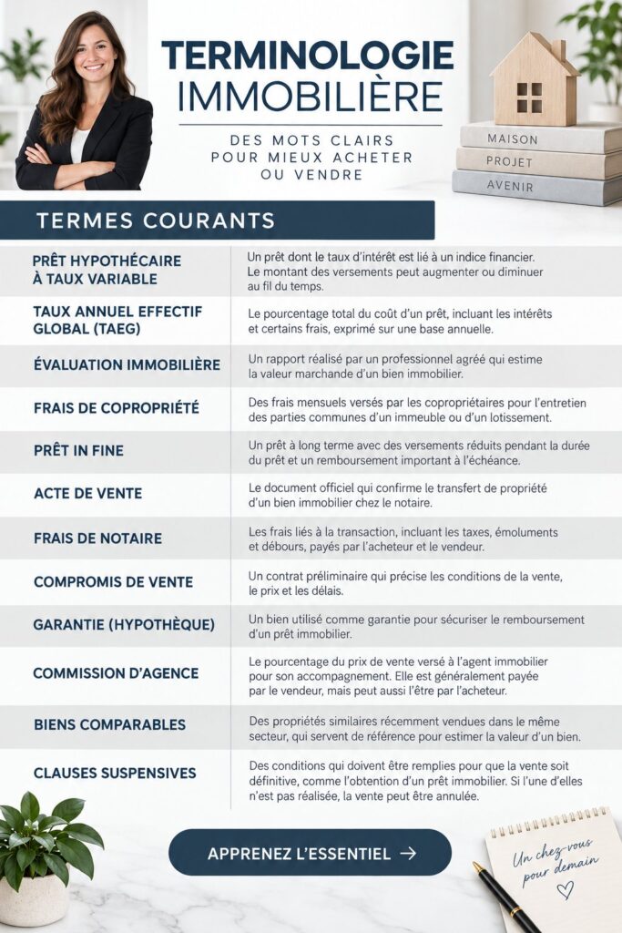 Illustration montrant des termes immobiliers avec une femme réfléchissant à son projet d'achat