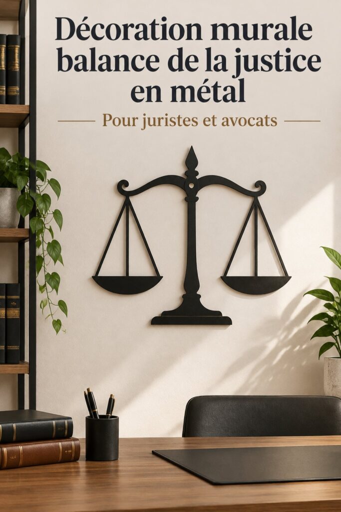 Un panneau mural en métal représentant des échelles de la justice, parfait pour décorer un cabinet d'avocat.