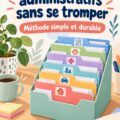 Femme souriante organisant ses documents administratifs avec la méthode 4x4