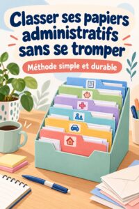 Femme souriante organisant ses documents administratifs avec la méthode 4x4