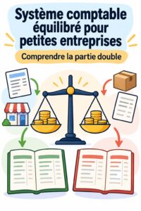 Illustration d'un système de comptabilité équilibrée avec des graphiques explicatifs et des outils numériques.