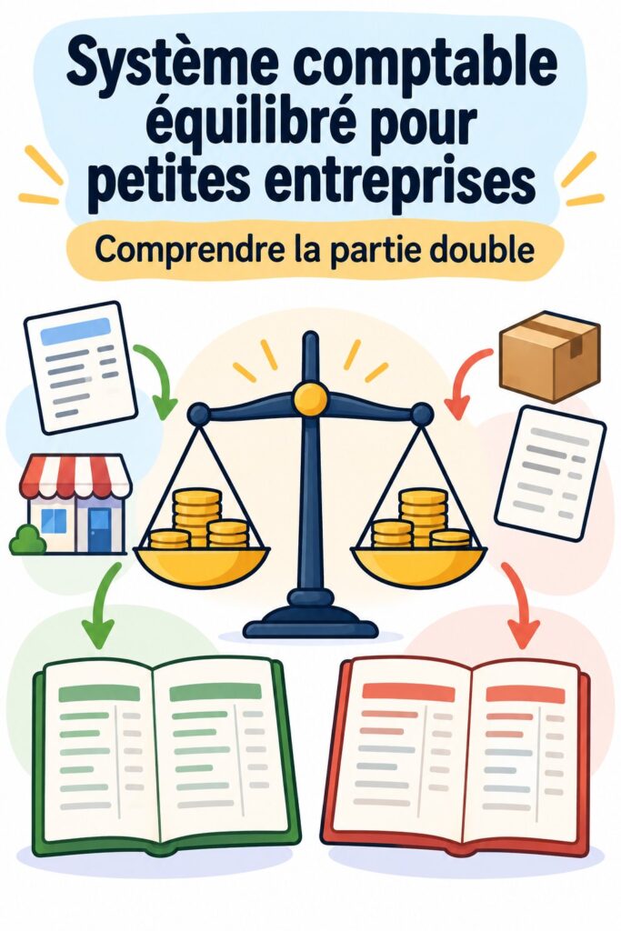 Illustration d'un système de comptabilité équilibrée avec des graphiques explicatifs et des outils numériques.