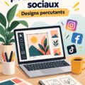 Femme travaillant sur le design d'un post pour les réseaux sociaux, illustrant le sujet du design social.