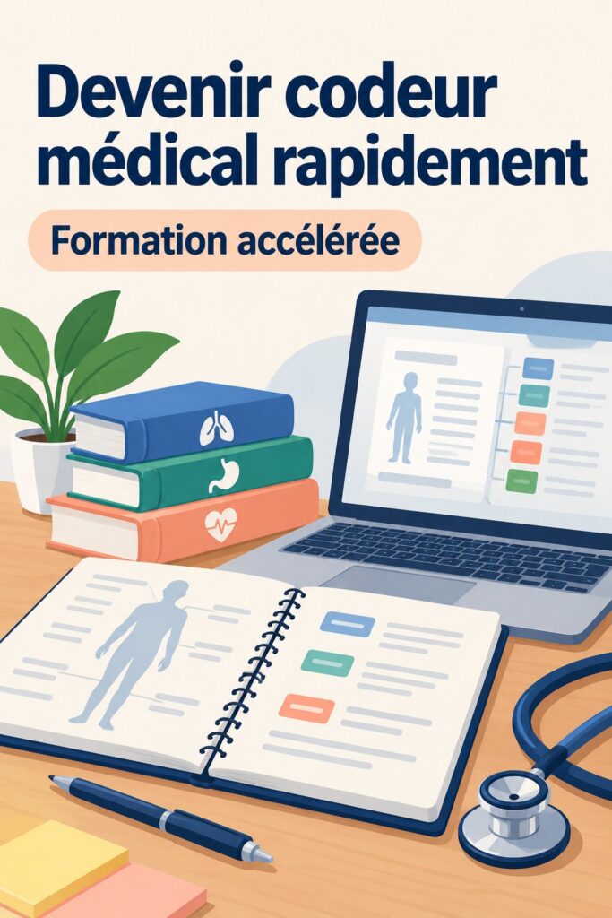 Image représentant une femme heureuse en train de travailler sur un ordinateur pour devenir codeur médical