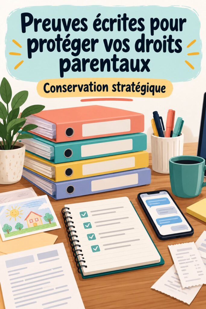 Des documents et notes sur une table, représentant l'importance de la documentation écrite pour les droits parentaux.