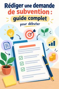 Femme en train de rédiger une demande de subvention avec des documents et un ordinateur.
