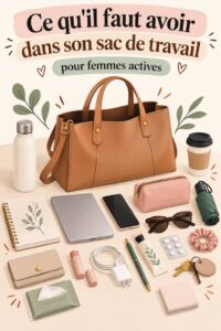 Femme organisant son sac de travail avec des essentiels professionnels en vue.