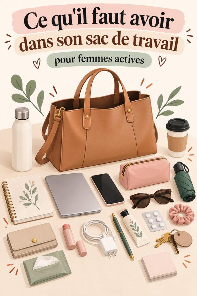 Femme organisant son sac de travail avec des essentiels professionnels en vue.