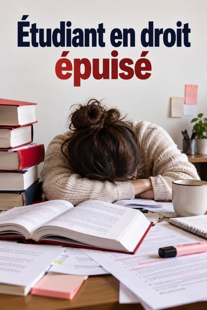 Étudiante en droit en train de réviser, visiblement fatiguée mais concentrée sur son travail.